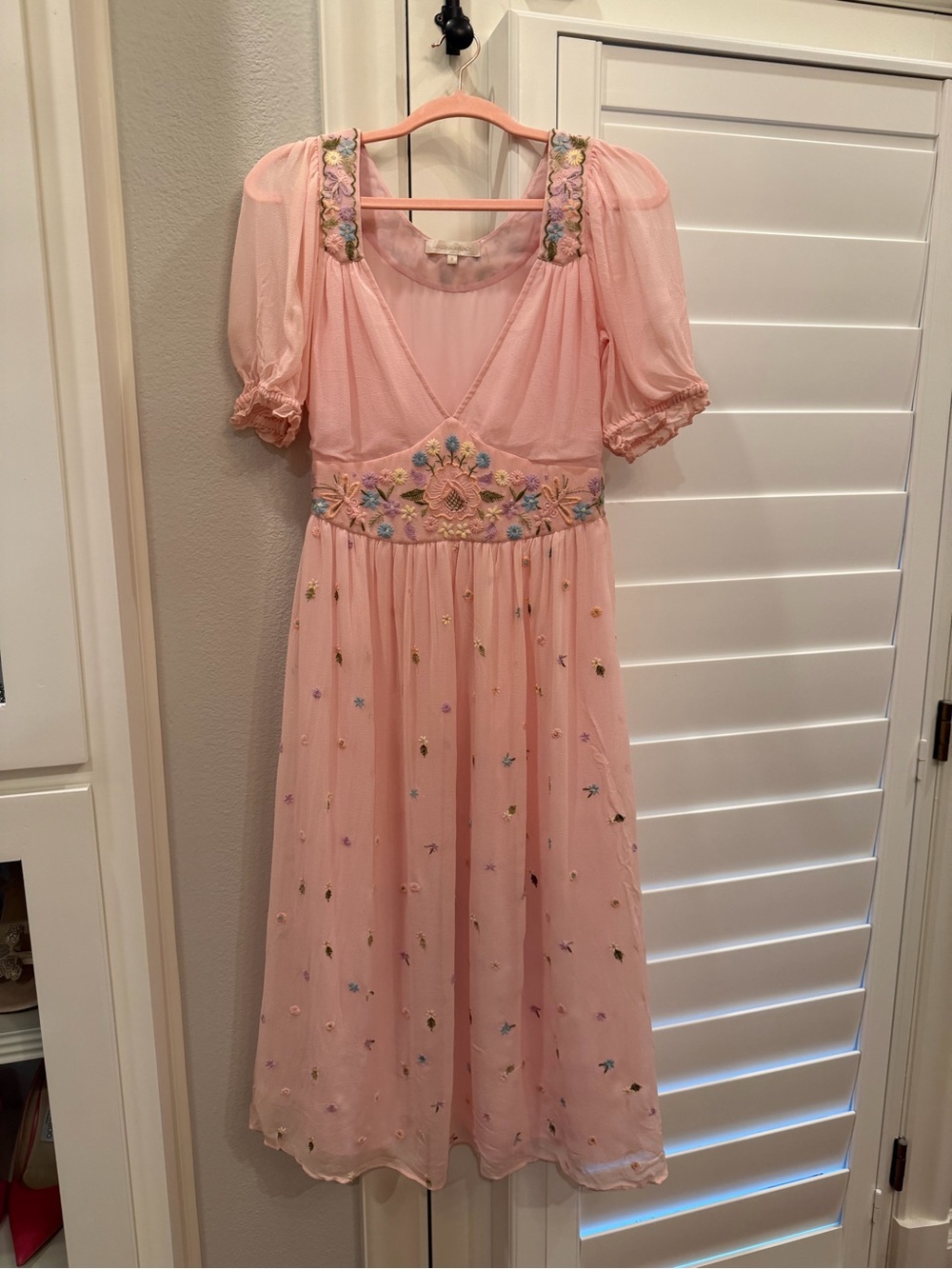 LoveShackFancy silk chiffon midi embroidered baby pink dress. Size S. Like new